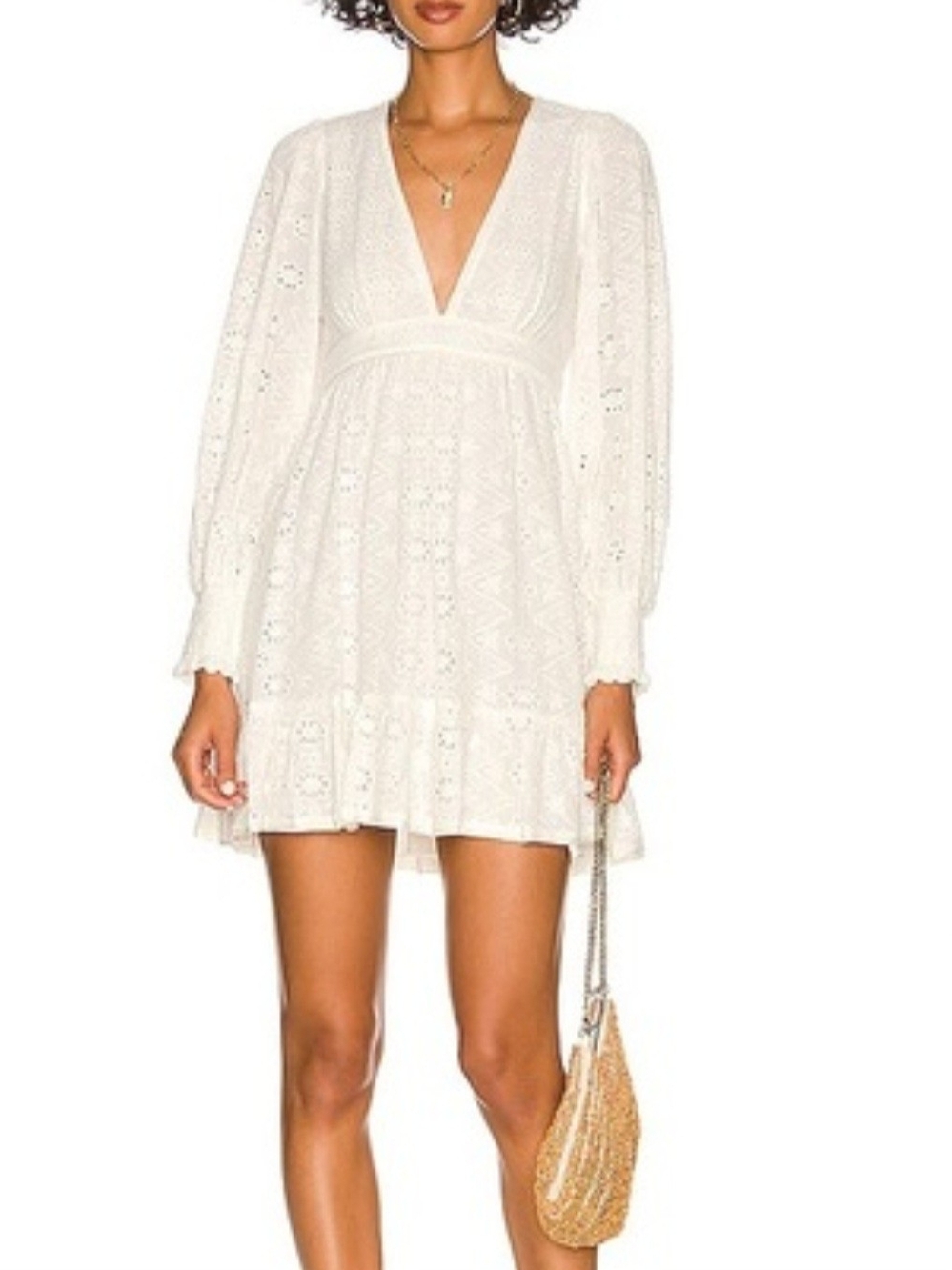 Alice + Olivia Marita Smocked Eyelet Mini Dress in Off White